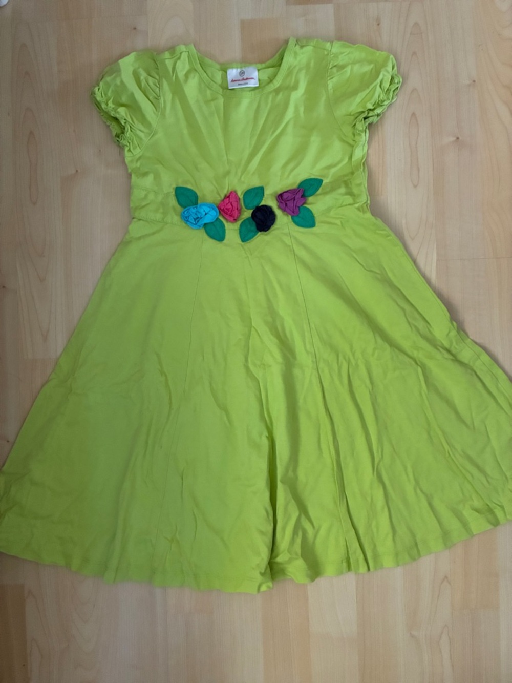 Hanna Andersson Lime Green Dress with Colorful Waist Flowers